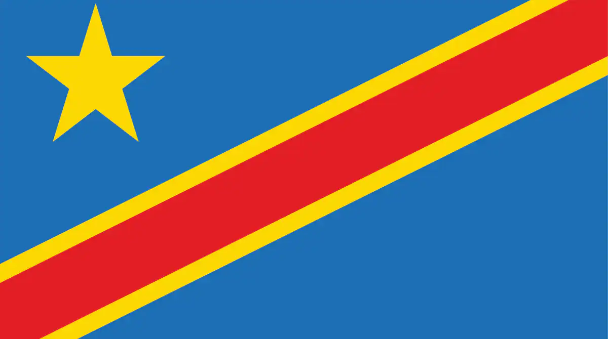 Flag_Democratic Republic of the Congo (DRC) Sky blue background divided diagonally from the lower left corner to upper right corner by a red stripe bordered by two narrow yellow stripes. A yellow, five-pointed star appears in the upper left corner.