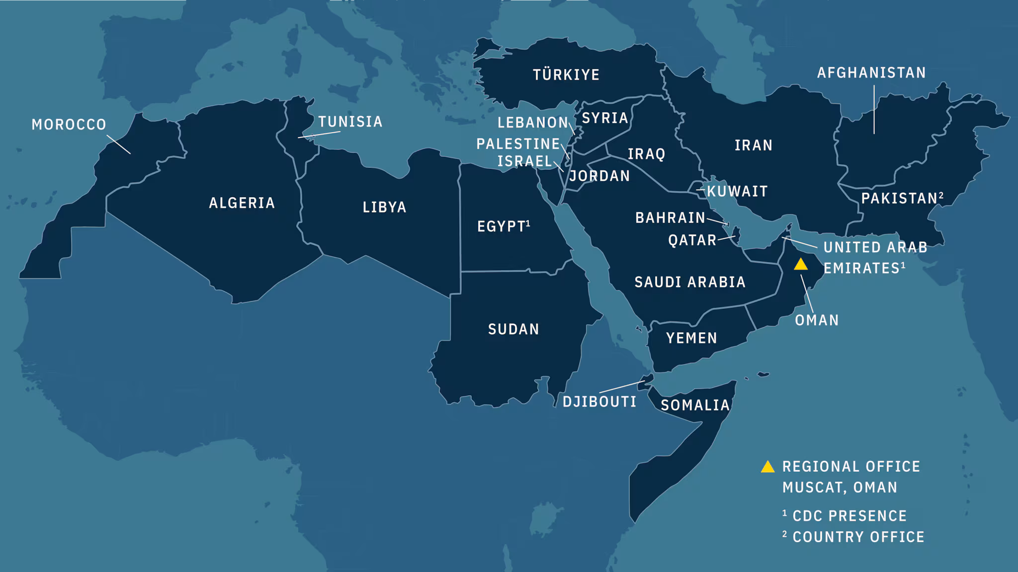 Map of countries covered in the MENA regional office: Afghanistan, Algeria, Bahrain, Djibouti, Egypt, Iran, Iraq, Israel, Jordan, Kuwait, Lebanon, Libya, Morocco, Oman, Pakistan, Palestine, Qatar, Saudi Arabia, Somalia, South Sudan, Syria, Tunisia, Türkiye, United Arab Emirates, Yemen