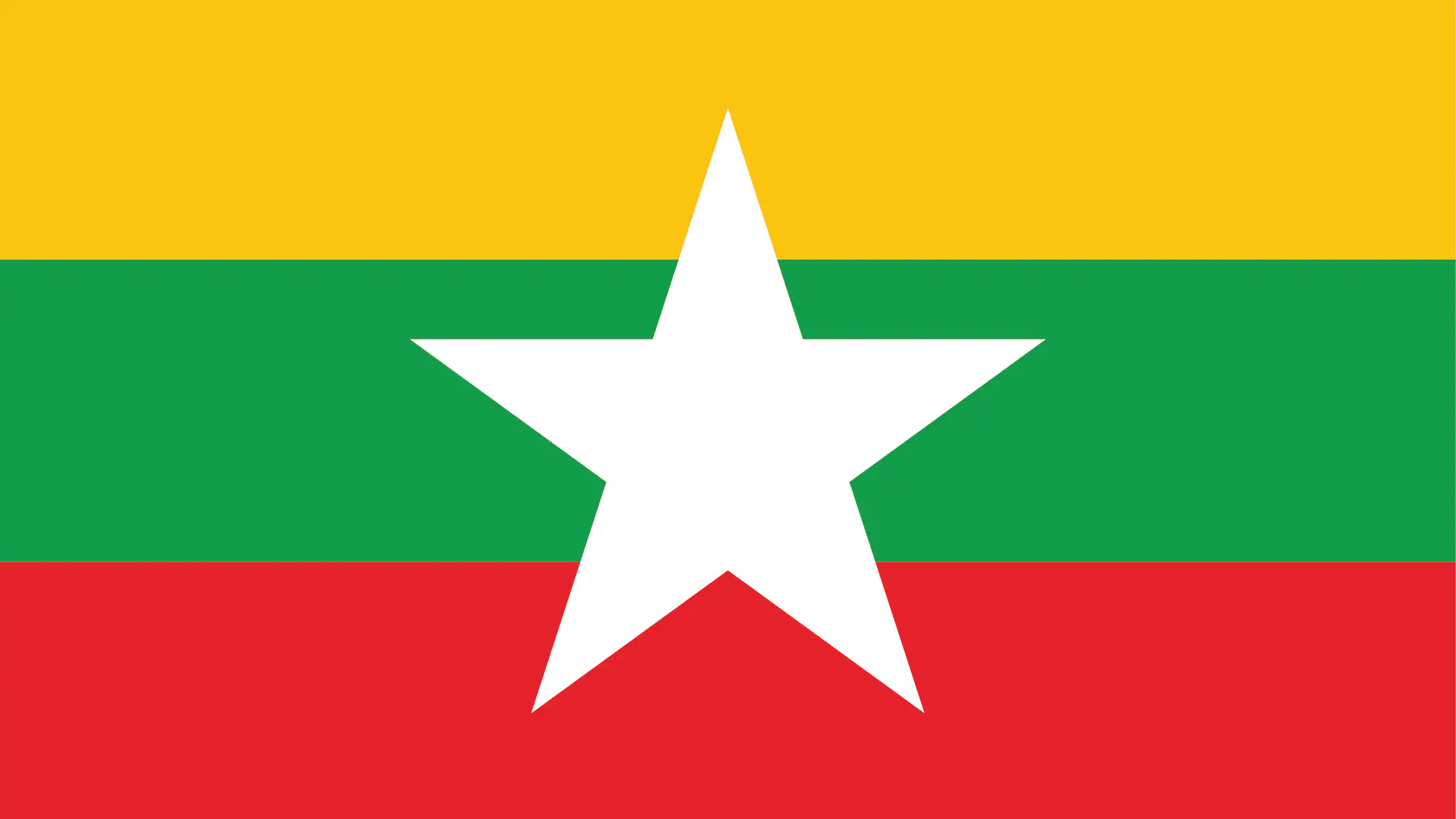 The flag of Burma consists of three horizontal stripes of yellow, green, and red from top to bottom. The yellow stripe is the top one, the green stripe is in the middle, and the red stripe is at the bottom.