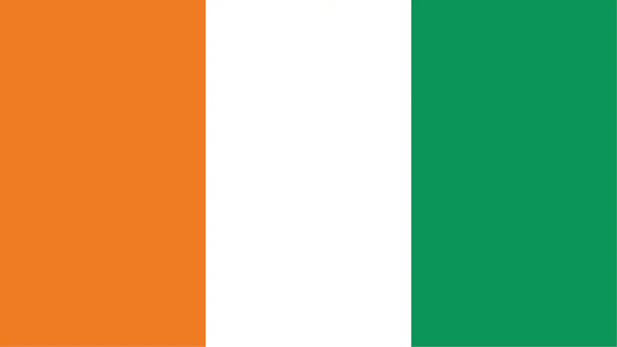 Flag of Côte d'Ivoire. Contains three equal vertical bands of orange (hoist side), white, and green.