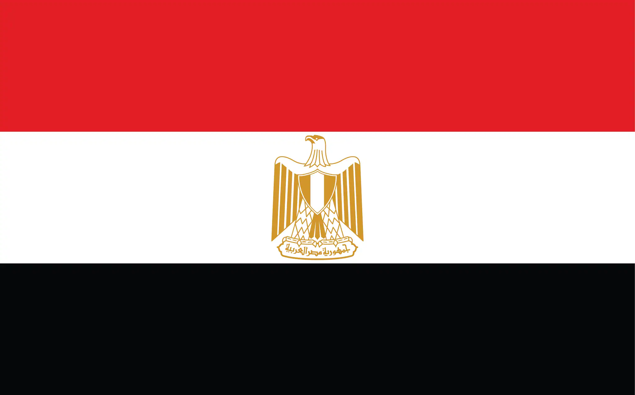Flag_Egypt Three horizontal stripes in red, white, and black, with a golden eagle centralized in the middle white stripe.