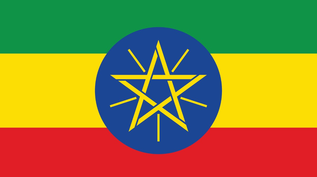Ethiopia flag, green strip at the top, yellow strip in the middle, red strip at the bottom, blue circle in the middle with a yellow star.
