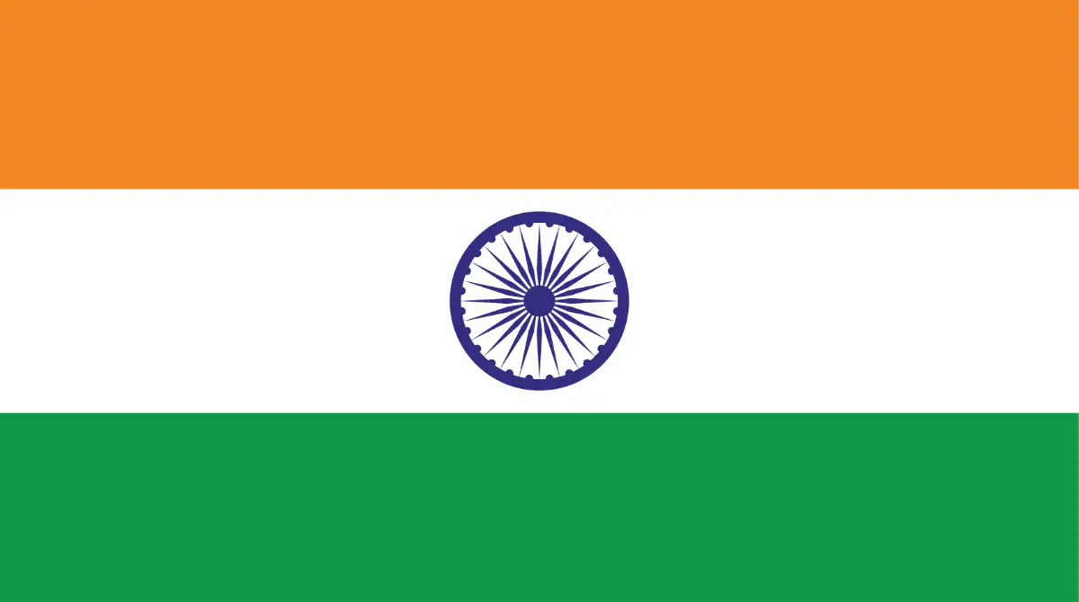 Three horizontal bands. Orange is on top, white in the middle, green on the bottom, and a disk centered in the middle of the flag.