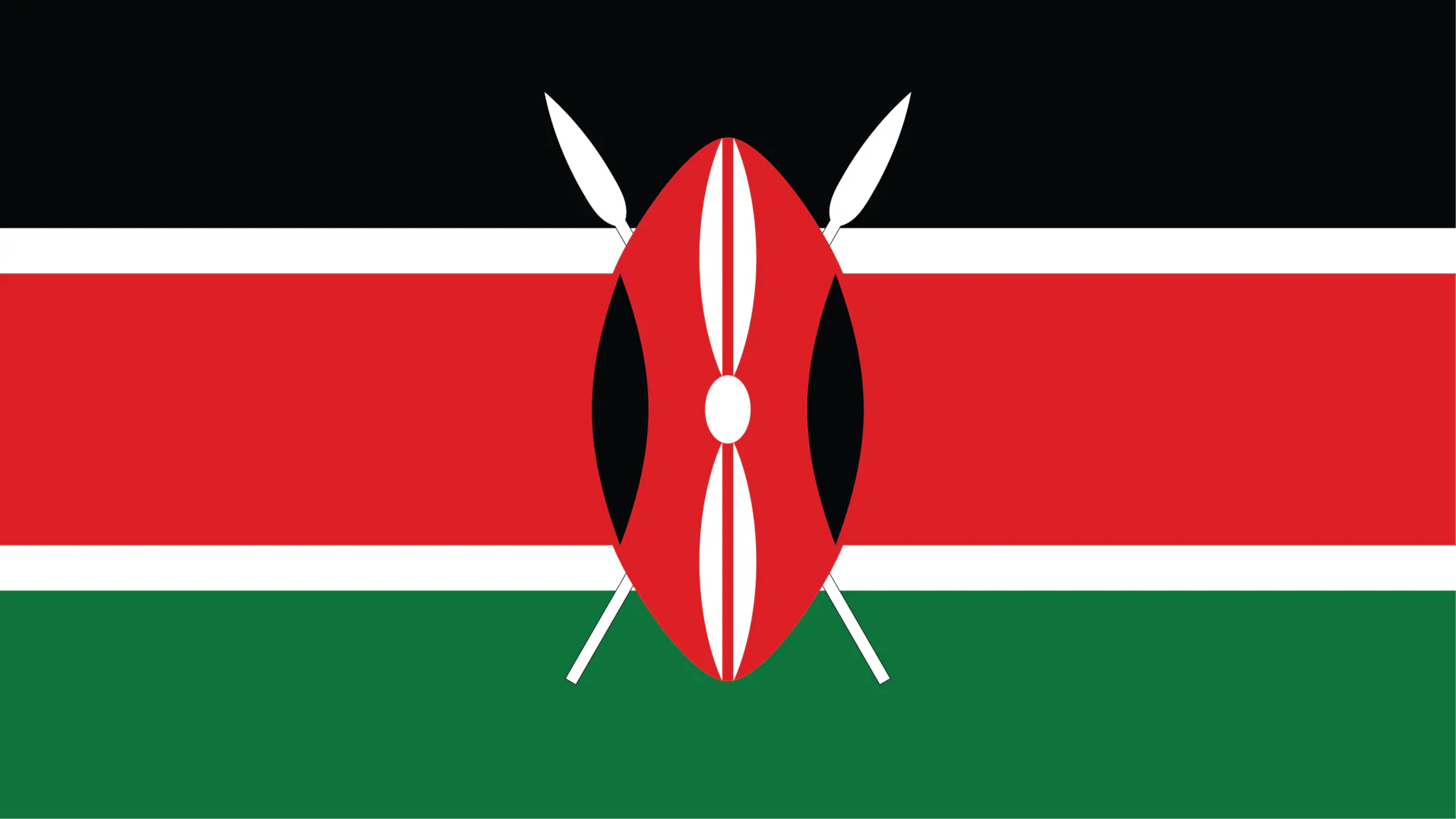Three equal horizontal bands of black (top), red, and green; the red band is edged in white; a large Maasai warrior's shield covering crossed spears is superimposed at the center. The Maasai are a Nilotic ethnic group inhabiting northern, central and southern Kenya and northern Tanzania.