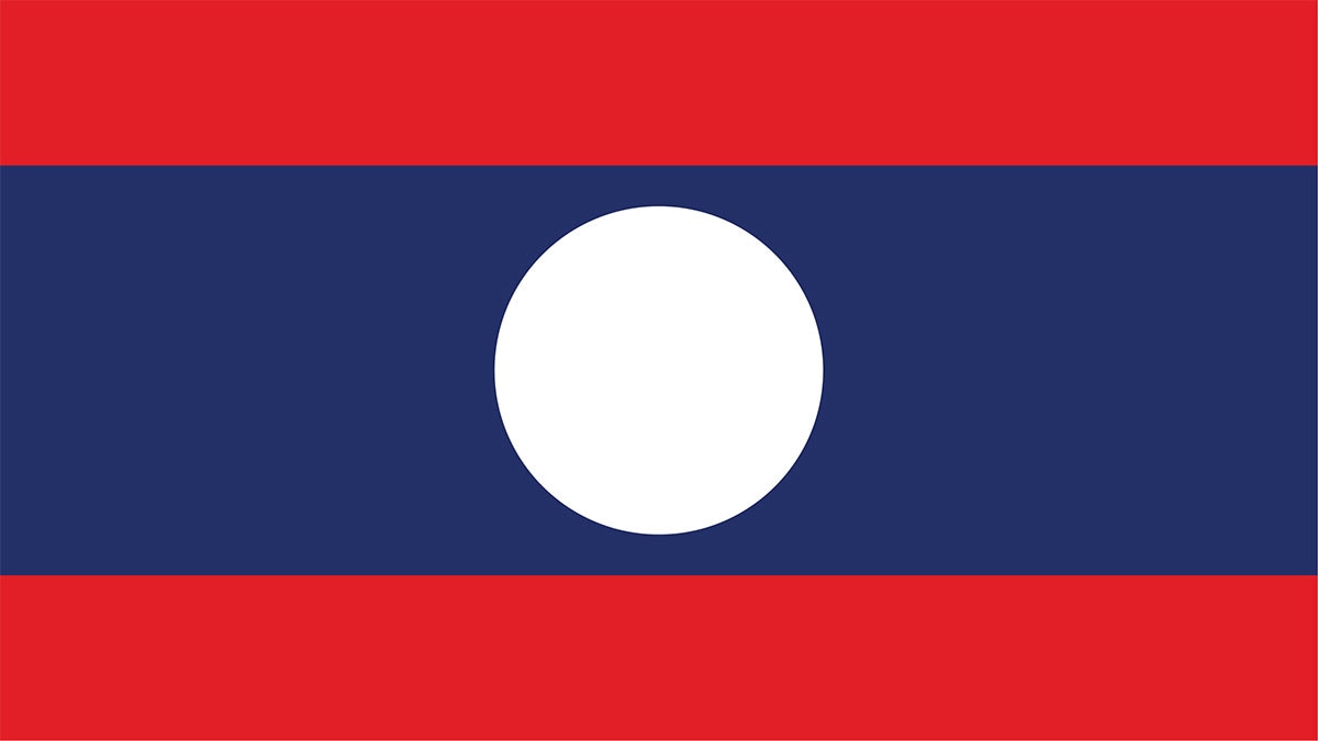 Three horizontal bands of red (top), blue (middle), and red (bottom). The blue band is double the width of the red bands, and a large white circle is centered in the blue band.