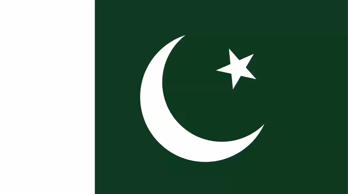 Flag_Pakistan Green with a vertical white band on the left (hoist) side. A large white crescent and star are centered in the green field.