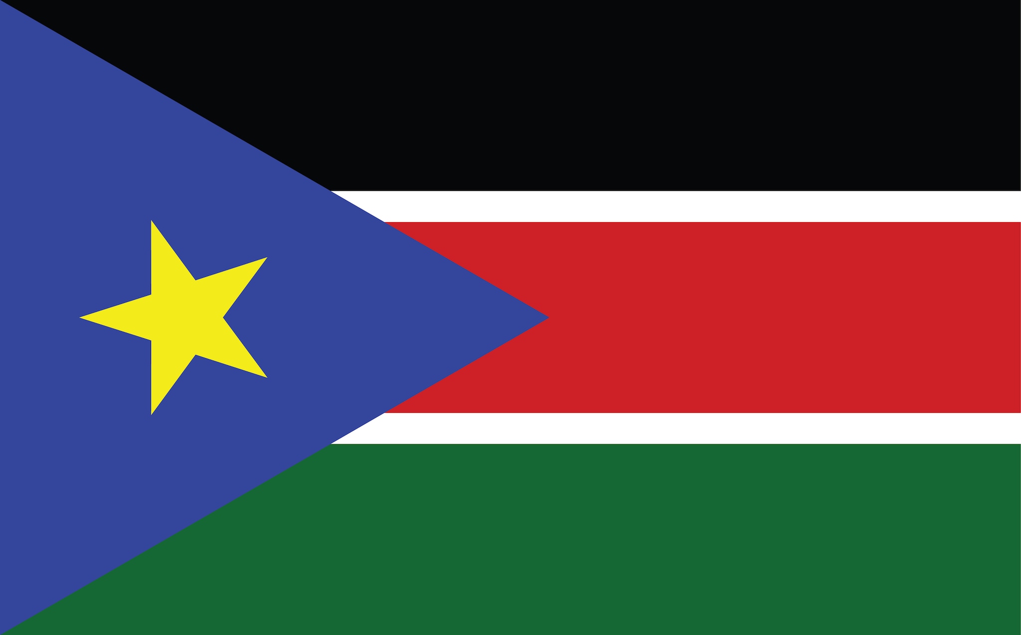 Flag_South Sudan South Sudan flag. Three horizontal bands of black, red, and green. The red band is edged in white. A blue triangle based on the hoist side contains a gold, five-pointed star.