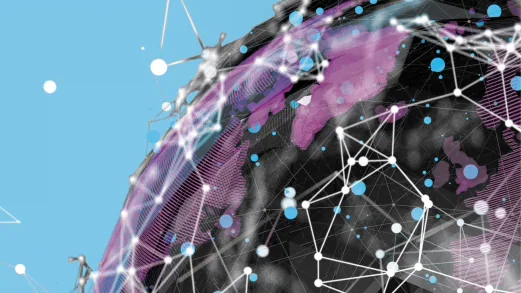 GHC_Globe_Graphic Purple and black spherical structure resembling a globe. Blue and white dots span the globe randomly, some with straight lines between them. Background is sky blue with a few white dots.