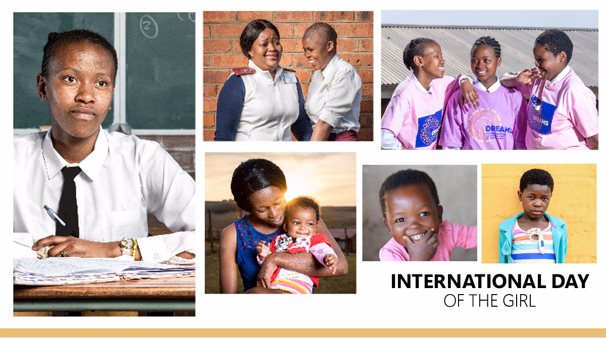 A banner colleague of girls and women with text for International Day of the Girl.