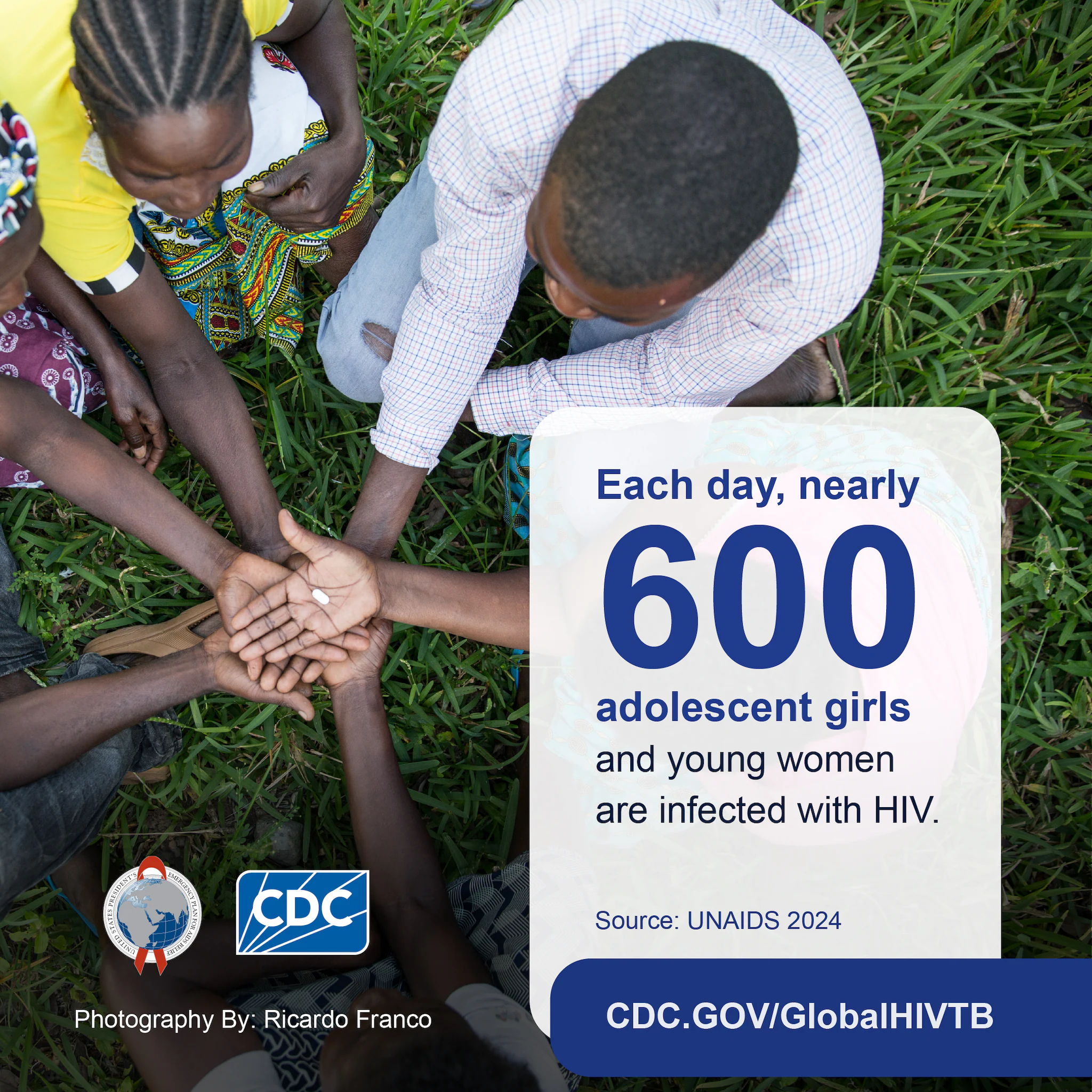 International Day of the Girl Social Media Card Adolescent girls with their hands touching holding medication.