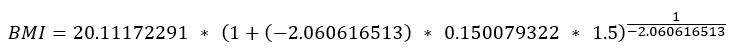 data-file-formula14 BMI equals 20.111 times quantity 1 plus product of -2.060 times 0.150 times 1.5 to power of quotient 1 divided by -2.0606165