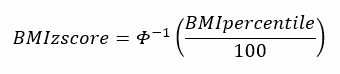data-file-formula8 BMI z-score equals the inverse CDF of the standard normal distribution of the quotient of BMI percentile divided by 100.