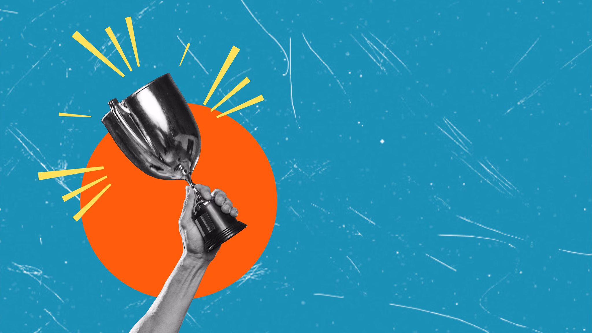 HE champion Illustration of holding award with blue and orange background colors.