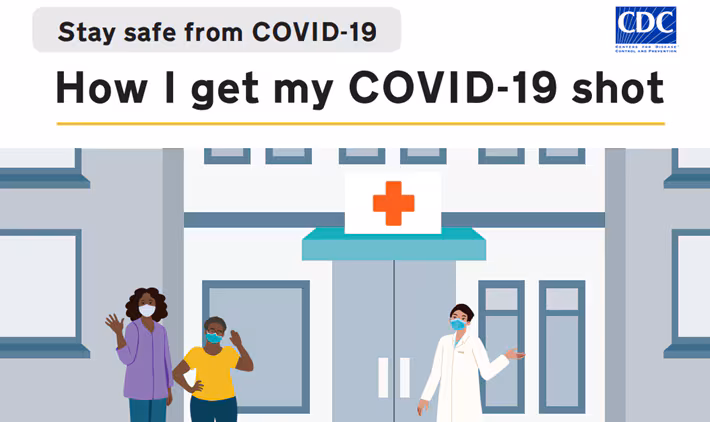 Page from Stay Safe from COVID-19 showing mother taking daughter for COVID-19 vaccine