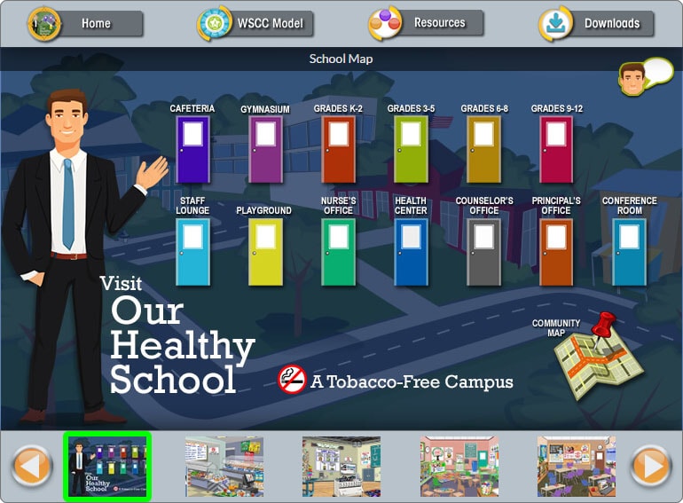 Virtual Healthy School (VHS) Screenshot of the VHS interactive tool showing different colored doors of school scenes and additional resources.