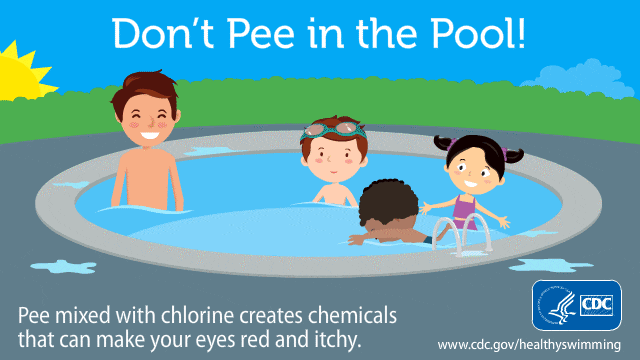 Kids enjoying themselves in the pool until a child pees.