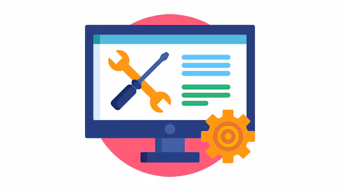 A computer screen with text next to icons representing tools--for instance, a wrench.