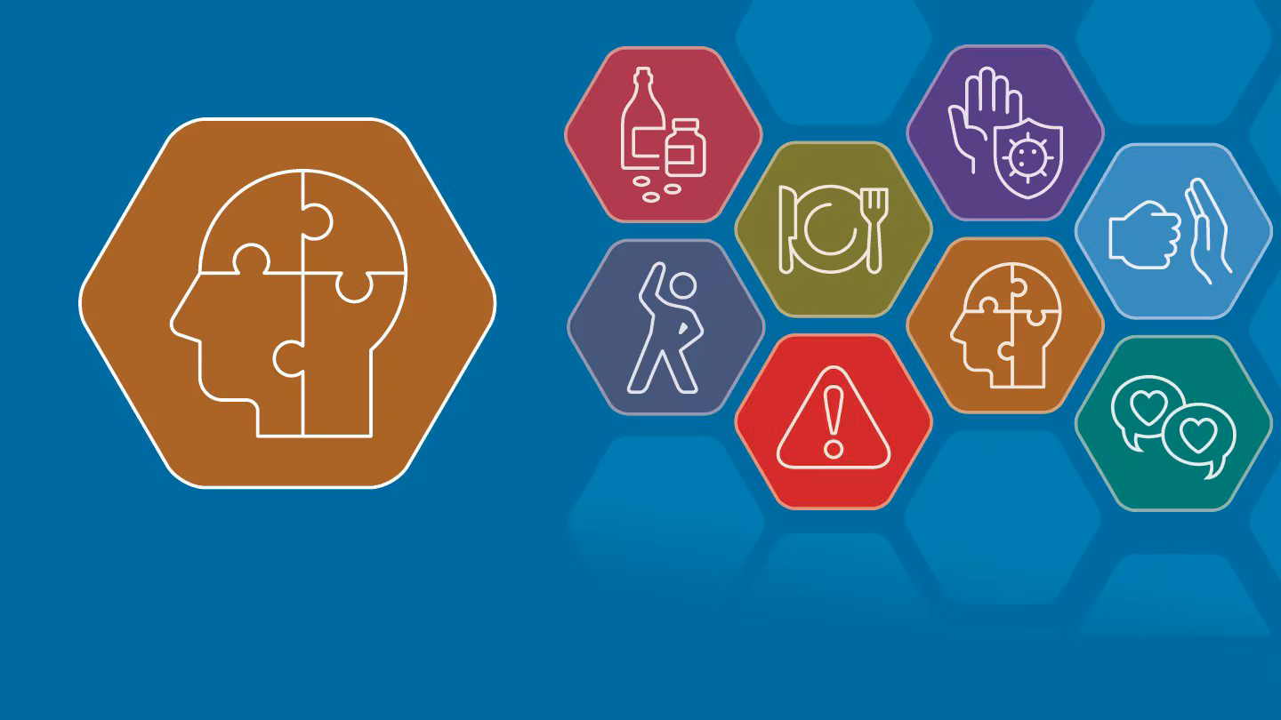 HECAT graphic with icons showing, for instance, someone exercising, and an upright hand stopping a fist.