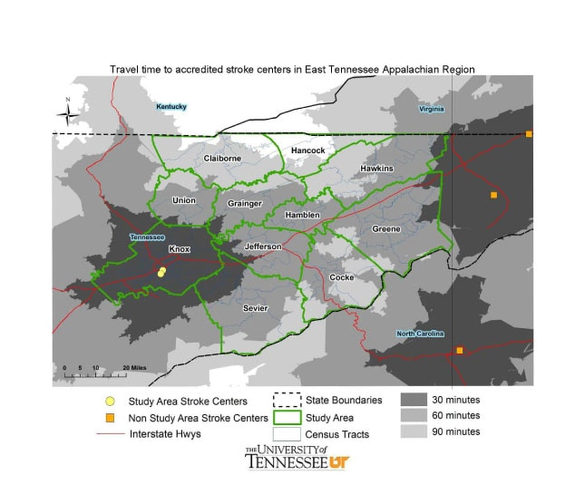 East_TN_Stroke_Network_Analysis.jpg Travel time to accredited stroke centers in East Tennessee Appalachian Region. Reprinted from Annals of Epidemiology Vol 20 Issue 12, Investigation of Disparities in Geographic Accessibility to Emergency Stroke and Myocardial Infarction in East Tennessee Using Geographical Information Systems and Network Analysis, 924-930 (2010), with permission from Elsevier