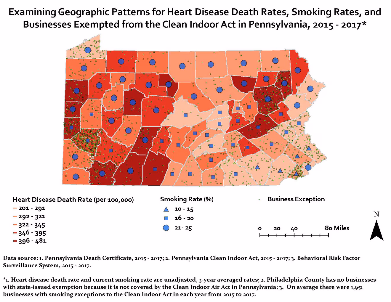 PA-geographic-patterns This map displays county-level heart disease mortality rates for the state of Pennsylvania for the years 2015-2017. The highest rates (396 - 481 per 100,000) are located primarily in the southwest and northeast regions of the state, and lowest rates (201 - 291 per 100,000) are located primarily in the east and southeast regions of the state. The current smoking rate appears to be higher in areas where heart disease mortality rates were high. It also appears that some areas with high heart disease mortality rates had more businesses with smoking exception (i.e., businesses that allowed customers to smoke during business operation).