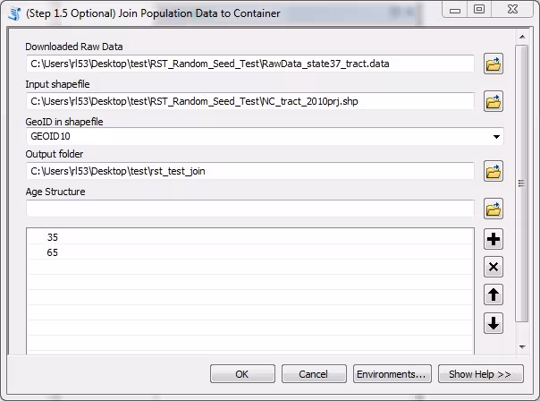 AggData4 The Step 1.5 window showing the raw data field, shapefile field, GeoID field, Output field, and Age structure.