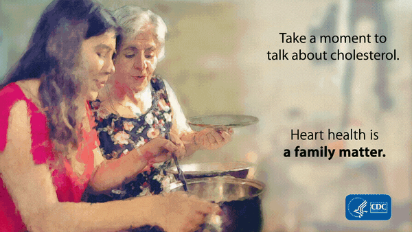 Take a moment to talk about cholesterol. Heart health is a family matter. Image of a mother and daughter cooking together.