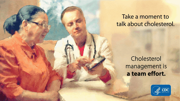 Take a moment to talk about cholesterol. Cholesterol management is a team effort. Image of a doctor showing a patient something on a tablet screen.