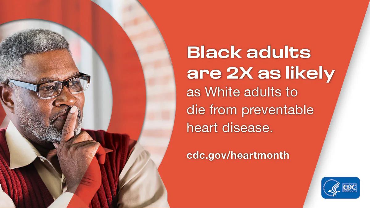 Image of man with phrase: Black adults are 2x as likely as White adults to die from preventable heart disease.