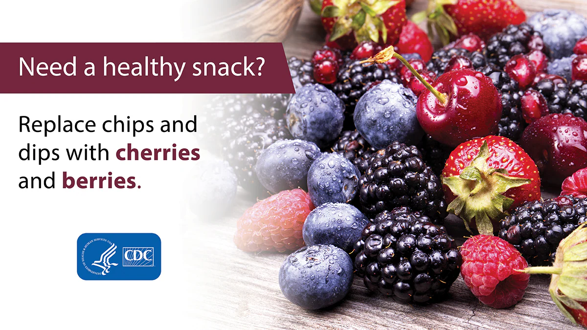 Photo of various berries and cherries with the caption: Need a healthy snack? Replace chips and dip with berries and cherries