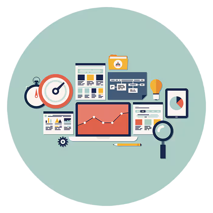 Graphic of a laptop, tablet, data reports, and magnifying glass