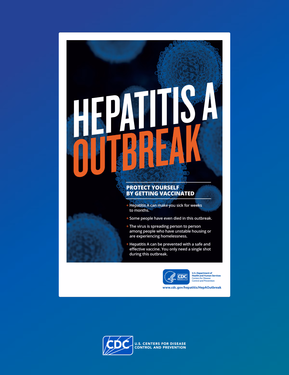 Poster in English showing details around what to do during a hepatitis A outbreak for persons who are unhomed