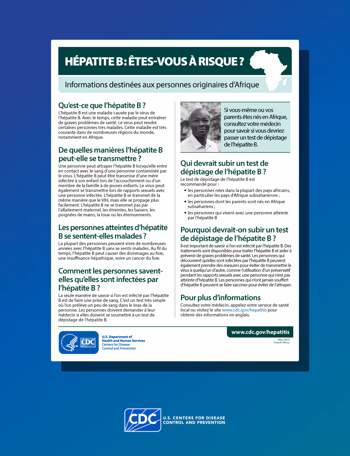 Poster in French discussing risk factors for hepatitis B