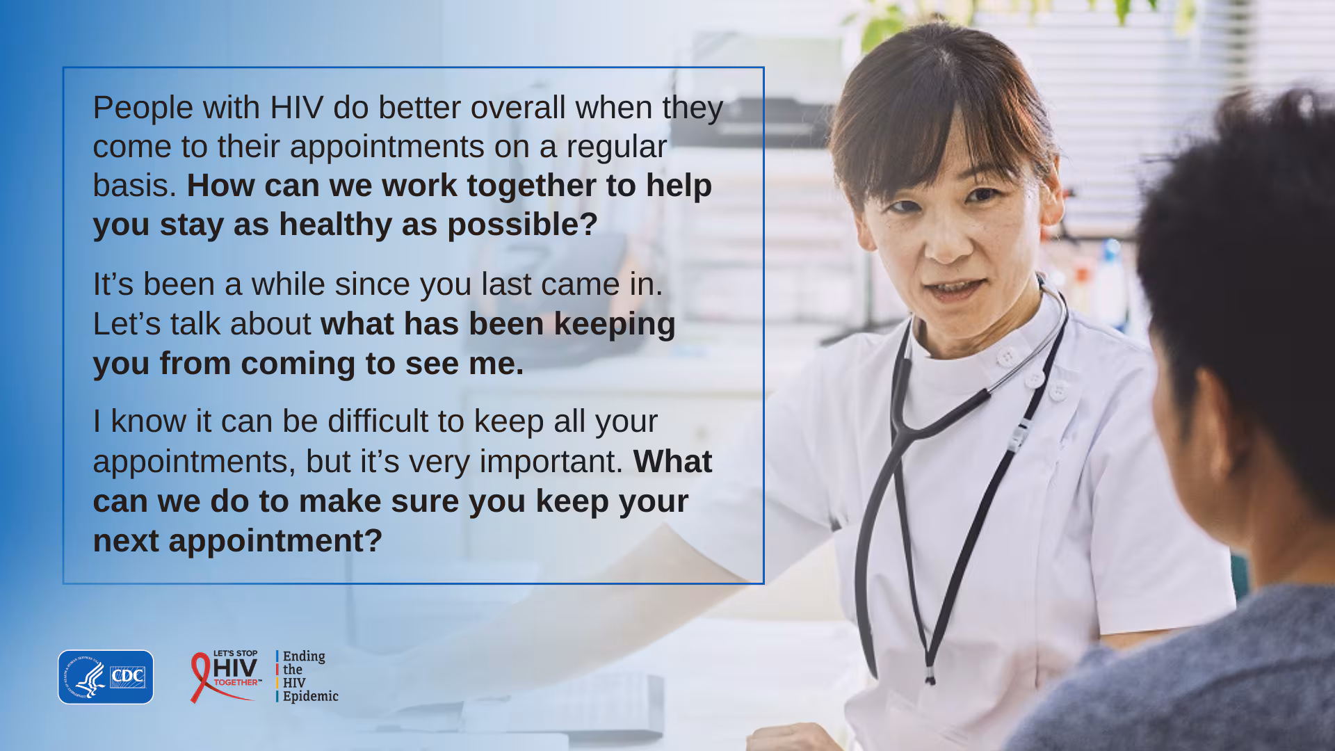 Provider asking patient questions to help them stay healthy.