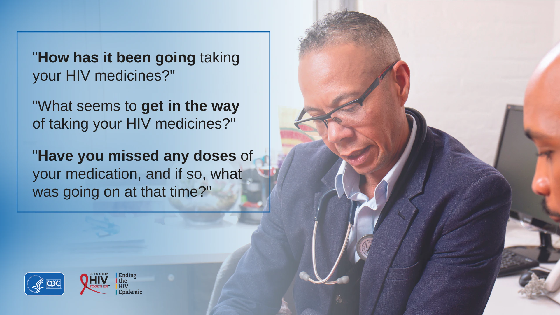 Provider asking patient questions about adherence to ART.