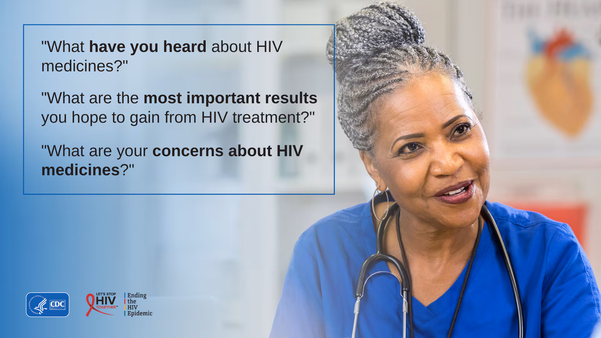 Provider asking questions about HIV treatment to assess patient readiness.