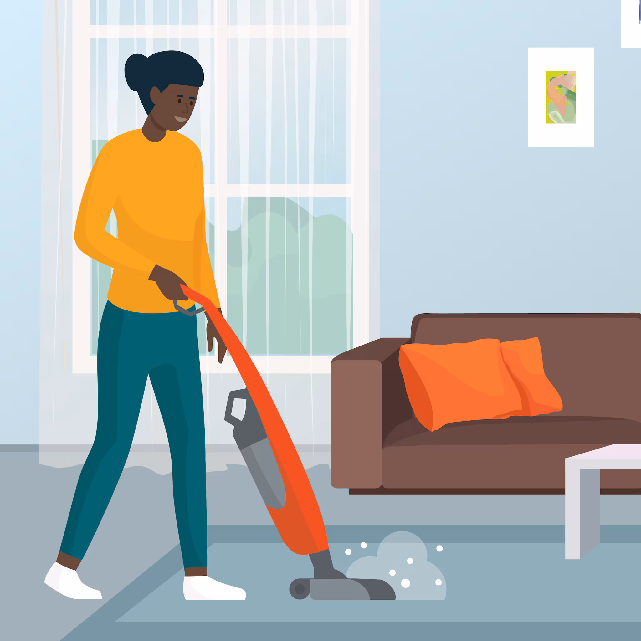 woman vacuuming a carpet in a living room