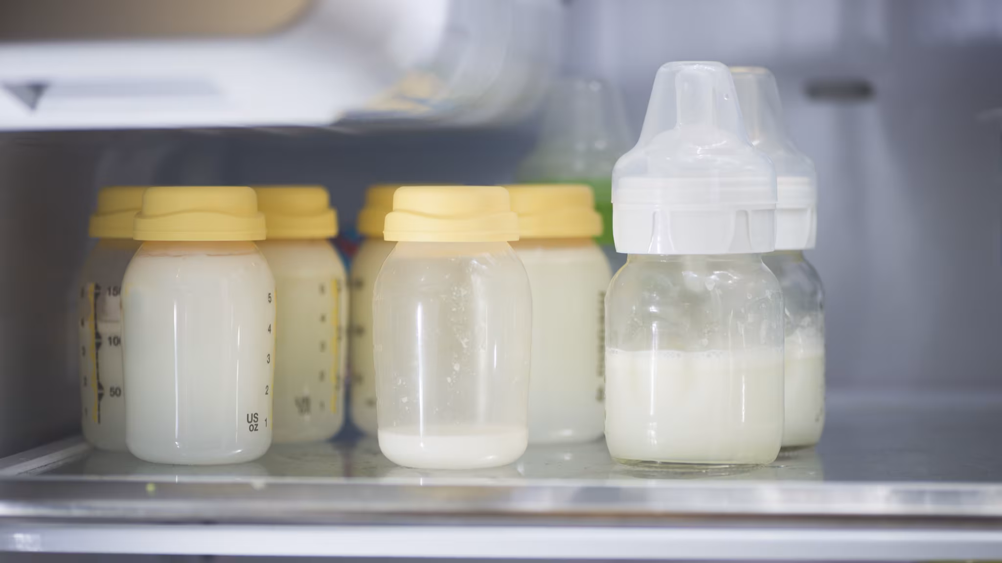 — title missing — bottles filled with breast milk in a refrigerator.