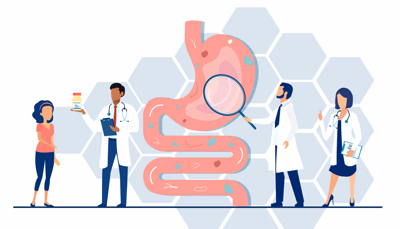 Illustration of a medical team examining a gastrointestinal tract.