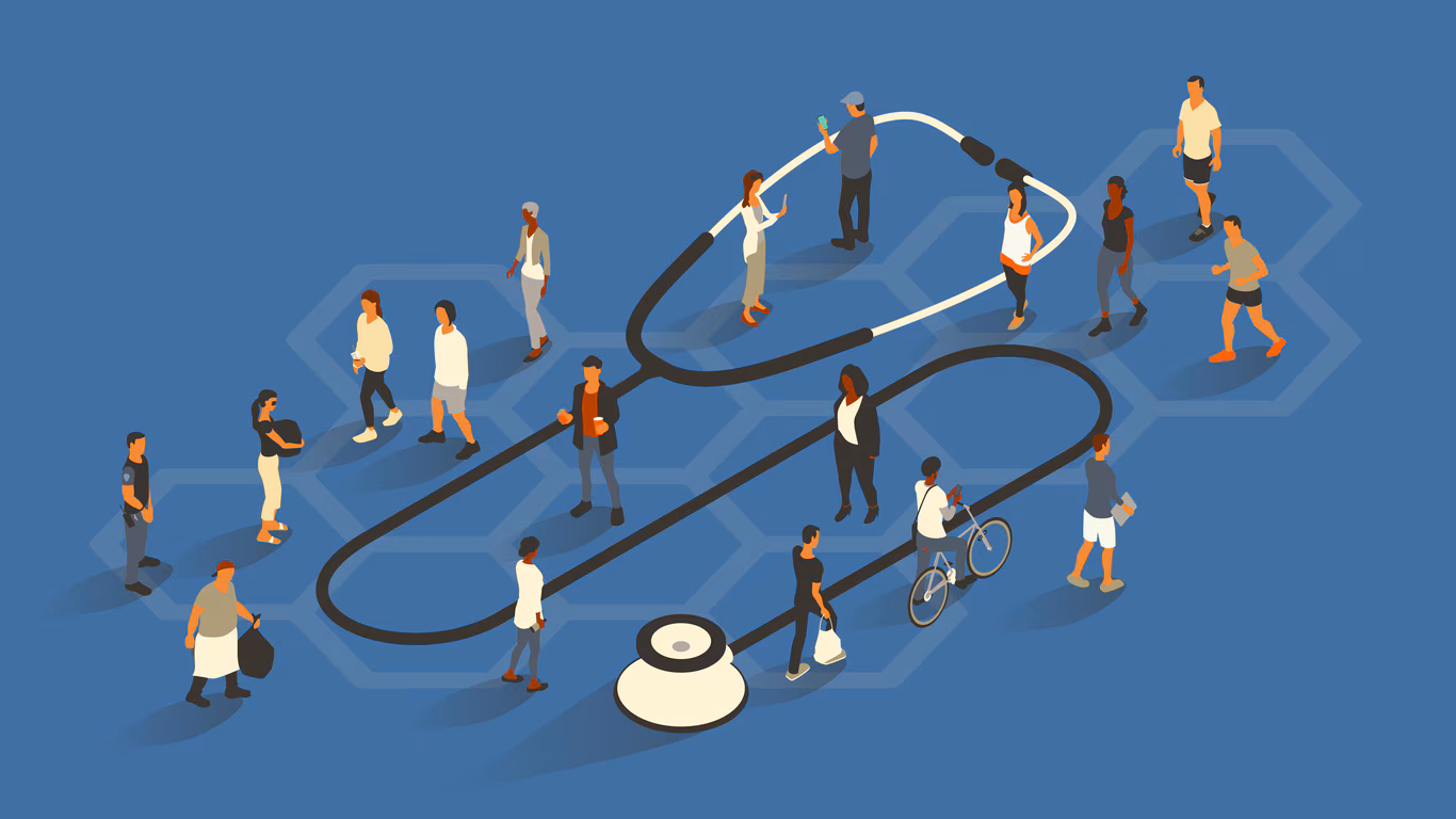 Illustration of representatives of different populations passing by an oversized stethoscope.
