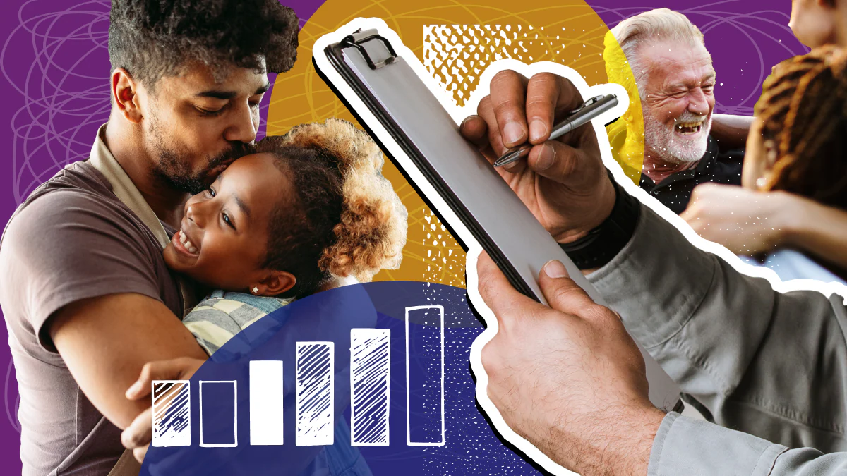 Overdose prevention funding Stock photos of a graph, a dad and daughter hugging, a person with a medical chart, and a grandfather laughing.