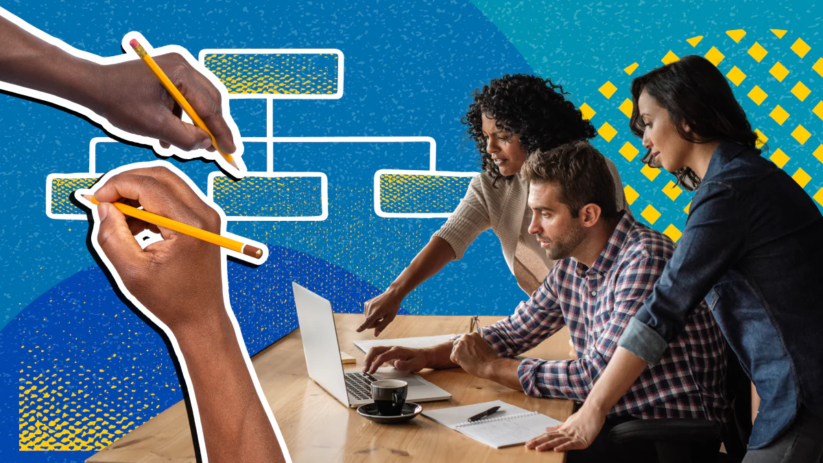 Injury Center Organization Stock photos of people working around a computer with a organizational chart in the background