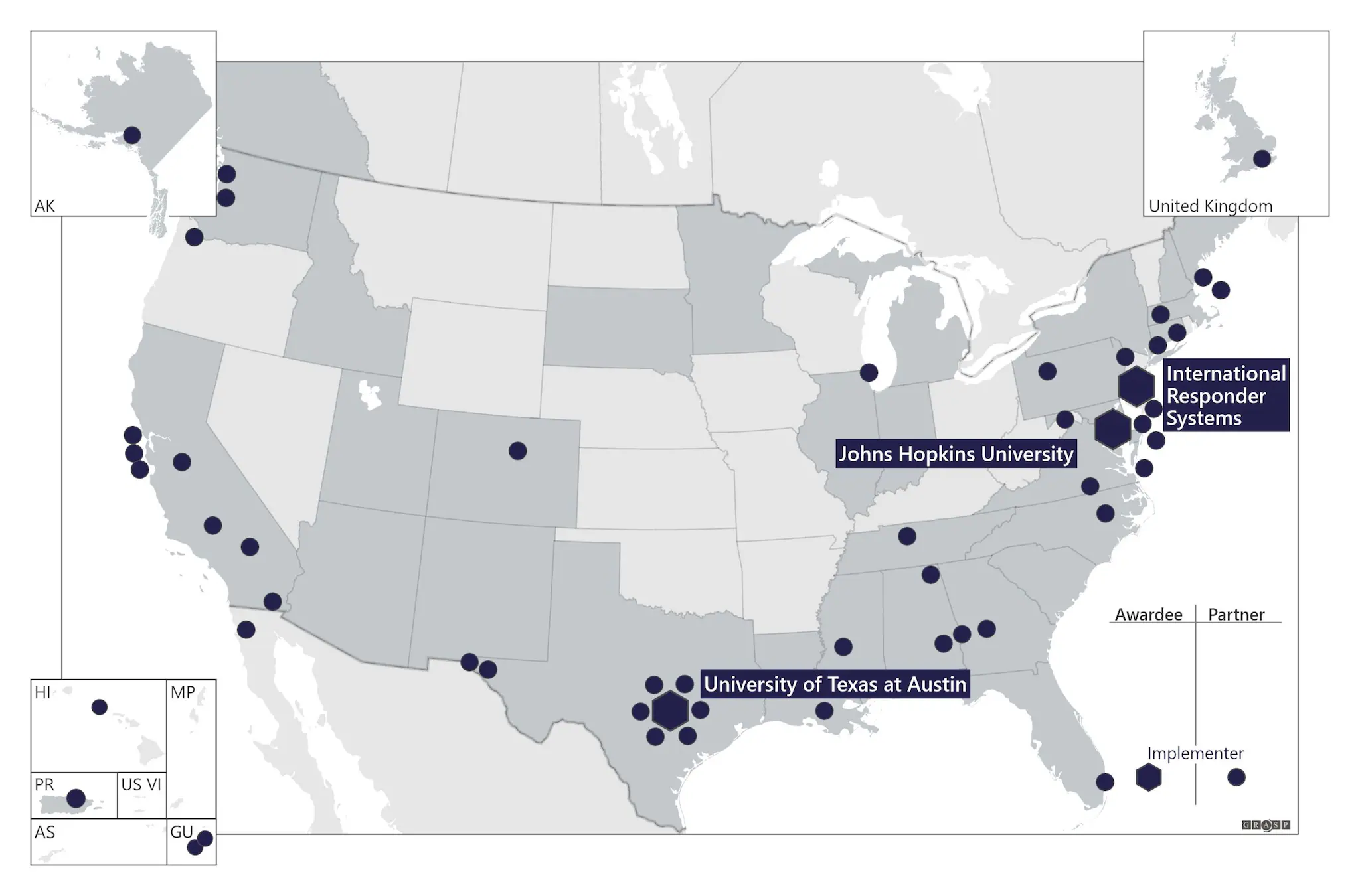 Implementers April 2024 Static Map A static image that shows the Insight Net's Implementers.