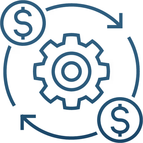 A cog with two dollar signs encircling it.