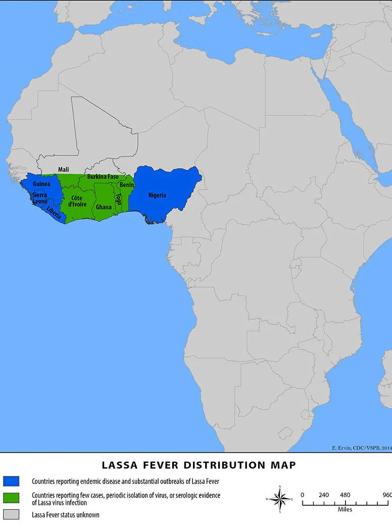 Lassa Map Portrait Map showing countries with Lassa fever outbreaks.