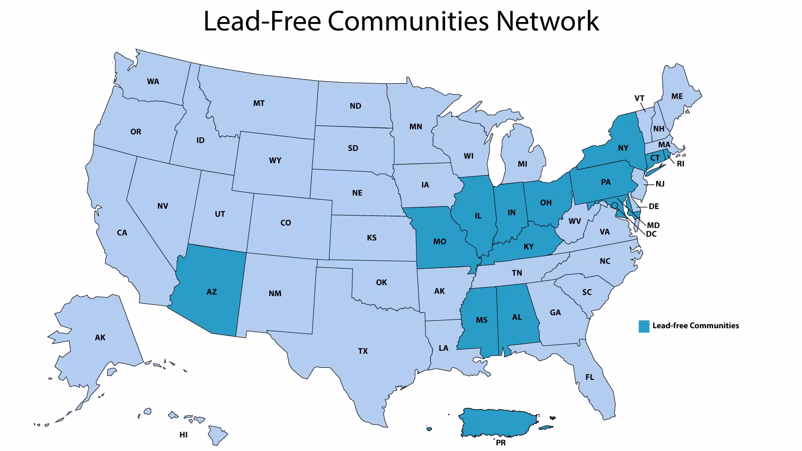 US map displaying the lead-free communities network.