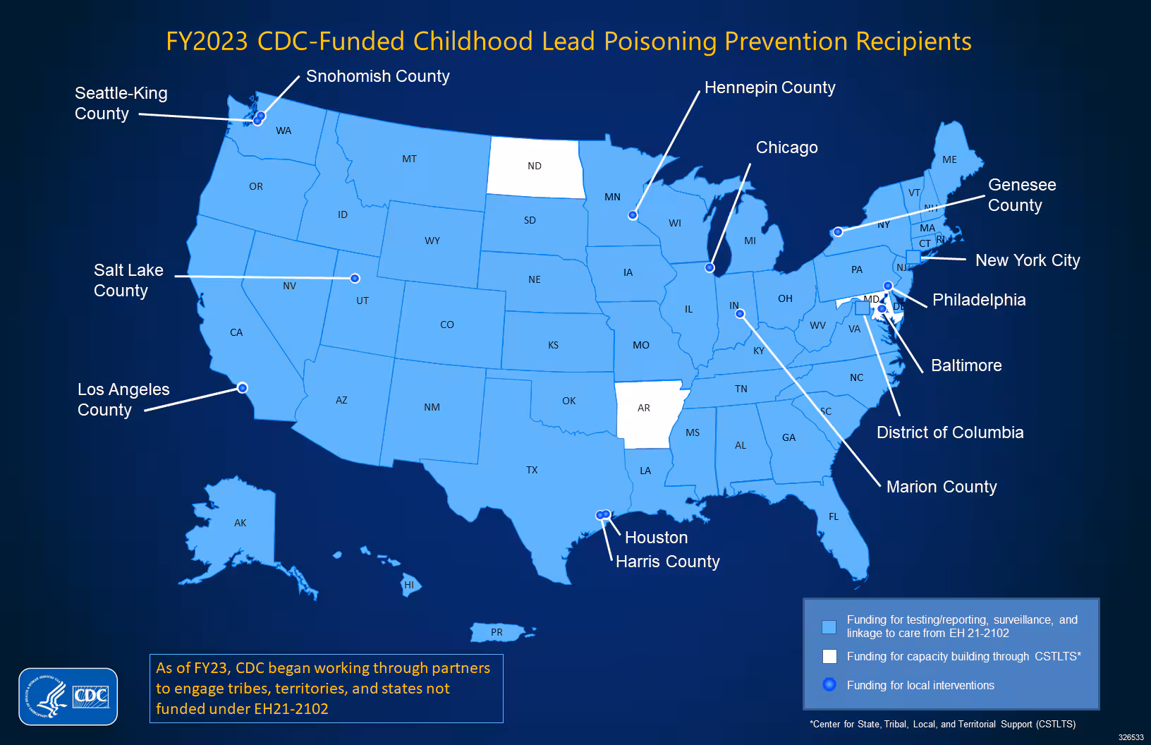 Map of CDC-funded childhood lead poisoning prevention recipients.