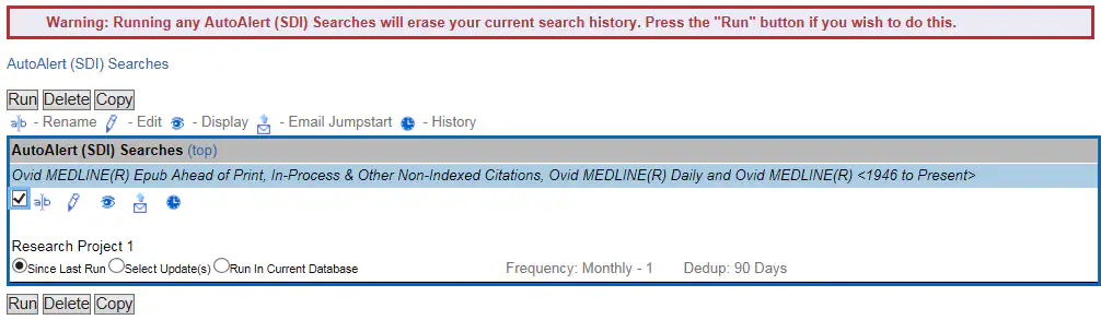 Screen shot of Ovid Search Alert page where you can select file to delete.