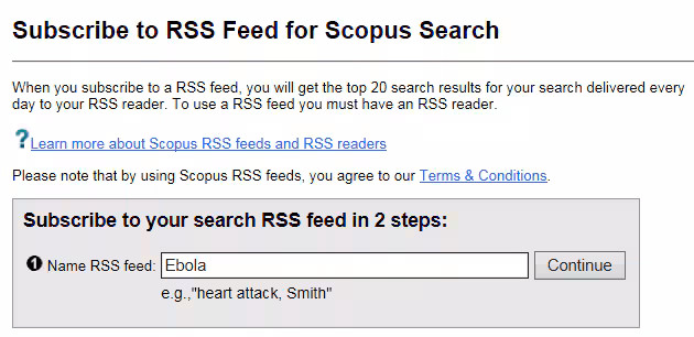 Screen shot of RSS feed for Scopus search.