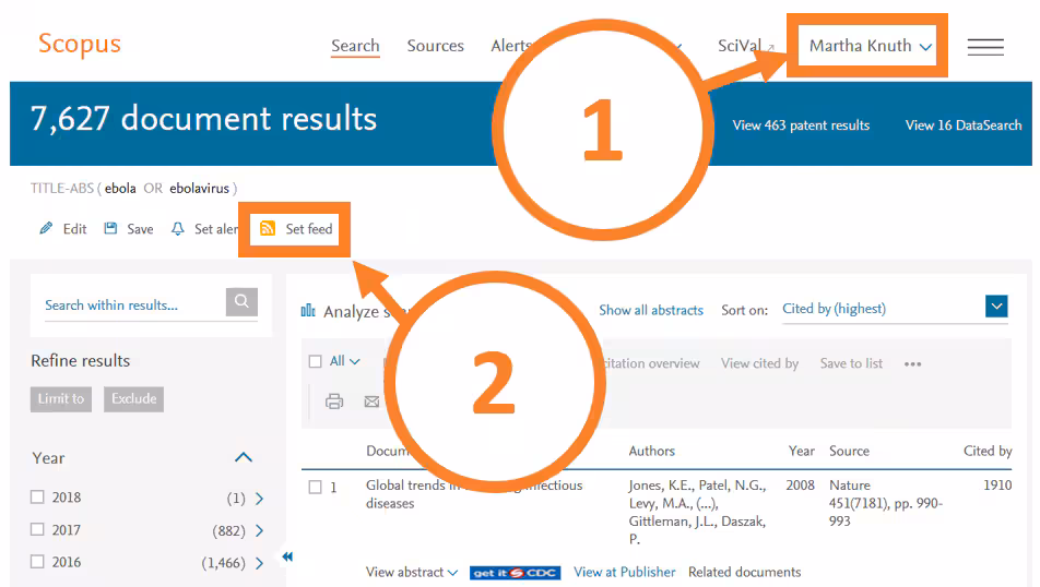 Screen shot of scopus account "set feed" button.