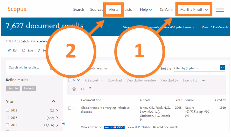 Screen shot of scopus account "alert" button.